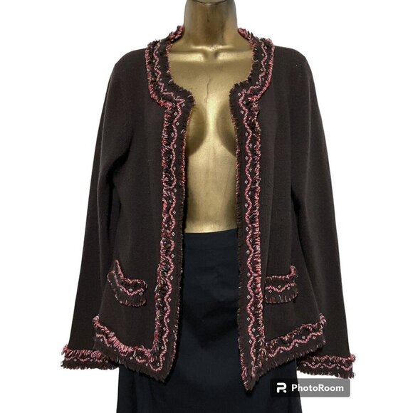 Les Copains Cardigan M Wool Cashmere Sweater Lagenlook Fair Isle Fringe Teacher - Picture 1 of 9